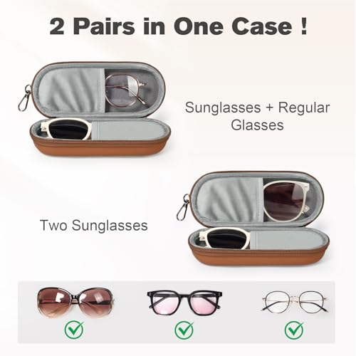 Double Eyeglasses Case, Dual Glasses Sunglasses Organizer with Zipper Closure, Eyewear Storage Box for Men Women Travel - color: Brown