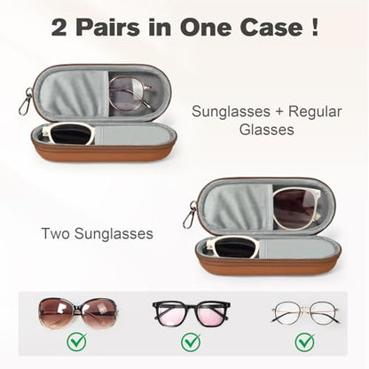 Double Eyeglasses Case, Dual Glasses Sunglasses Organizer with Zipper Closure, Eyewear Storage Box for Men Women Travel - color: Brown
