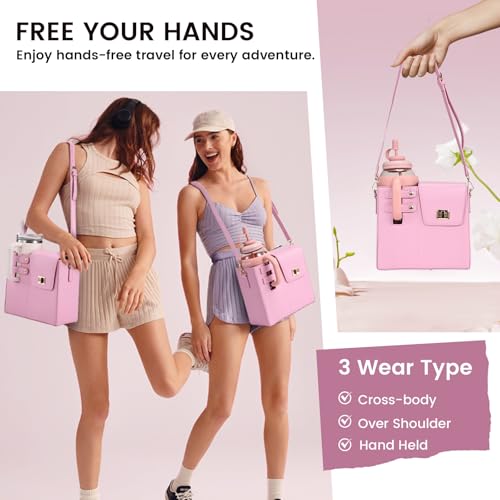 Outdoor Portable Crossbody Water Cup Purse Bag Water Bottle Carrier Bag with Phone Pocket Tumbler Carrier with Strap - color: Pink