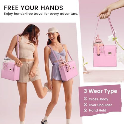 Outdoor Portable Crossbody Water Cup Purse Bag Water Bottle Carrier Bag with Phone Pocket Tumbler Carrier with Strap - color: Pink
