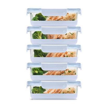 Ello Duraglass 3.4 Cup Meal Prep Sets 10Pc, 5 Pack Set- Glass Food Storage Container with Silicone Boot and Airtight BPA-Free Plastic Lids, Dishwasher, Microwave, and Freezer Safe, Halogen Blue - color: Halogen Blue with Boot