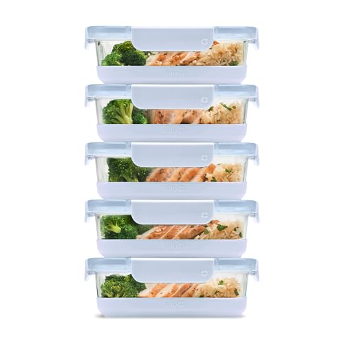 Ello Duraglass 3.4 Cup Meal Prep Sets 10Pc, 5 Pack Set- Glass Food Storage Container with Silicone Boot and Airtight BPA-Free Plastic Lids, Dishwasher, Microwave, and Freezer Safe, Halogen Blue - color: Halogen Blue with Boot