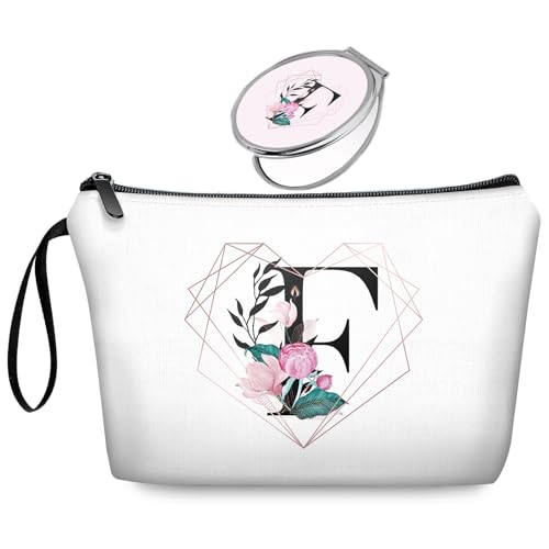 Initial F Bride Gifts for Women Personalized Letter F Travel Makeup Bag Set with Mirror, Monogram F Cosmetic Pouch for Bridesmaid Maid of Honor Wedding Bridal Shower - color: Diamond-like Ietter F Floral-white-2S