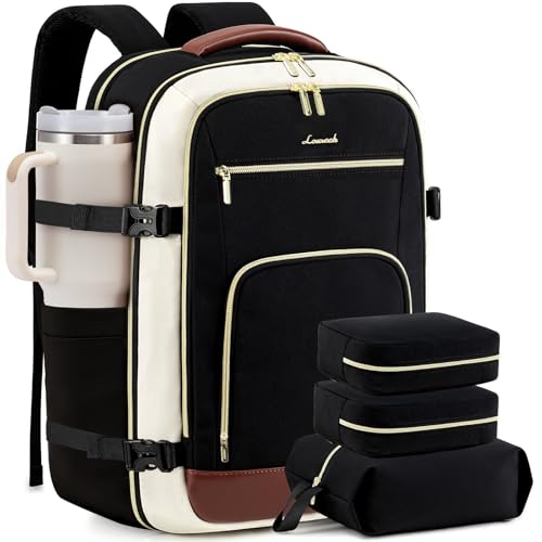 LOVEVOOK 50L Travel Backpack for Women Flight Approved, Carry on Backpack for Airplanes, TSA Personal Item Travel Bag, Waterproof 18 Inch Laptop Backpack, Business Weekender Overnight Daypack, 4Pcs - color: Black-beige-brown, size: 50l-18 Inch-4pcs