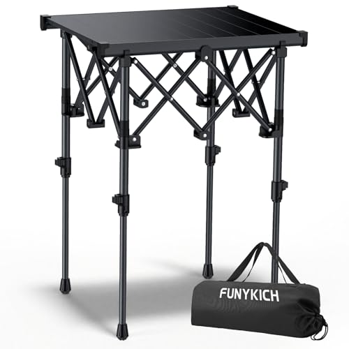 FUNYKICH Folding Camping Table(L19.9''xW16.1''), Aluminum Roll-up Portable Picnic Table with 2 Adjustable Height(17.3'' & 27.6'') for Picnic, Camping, BBQ, Party, Backyard, Beach - size: 19.9''L x 16''W x (28''/17.3'')H