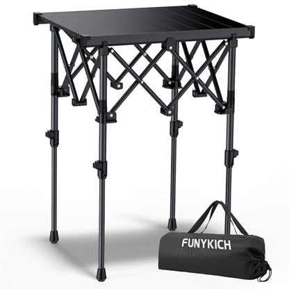 FUNYKICH Folding Camping Table(L19.9''xW16.1''), Aluminum Roll-up Portable Picnic Table with 2 Adjustable Height(17.3'' & 27.6'') for Picnic, Camping, BBQ, Party, Backyard, Beach - size: 19.9''L x 16''W x (28''/17.3'')H