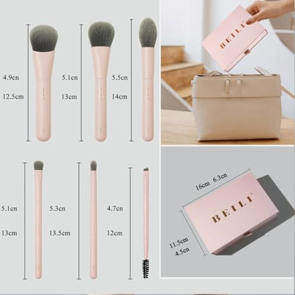BEILI Mini 6Pcs Makeup Brush Set – Soft Pink, Travel Makeup Brushes for Foundation, Contour, Highlighter & Blending, Includes Sponge and Gift-Ready Box - color: Pink