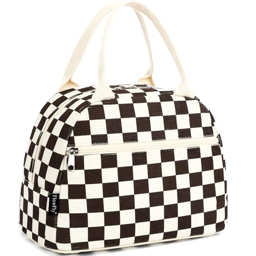FlowFly Lunch Bag for Women Insulated Lunch Box Corduroy Lunch Tote Cooler for Travel Work Picnic,Corduroy Plaid Coffee - color: Corduroy Plaid Coffee