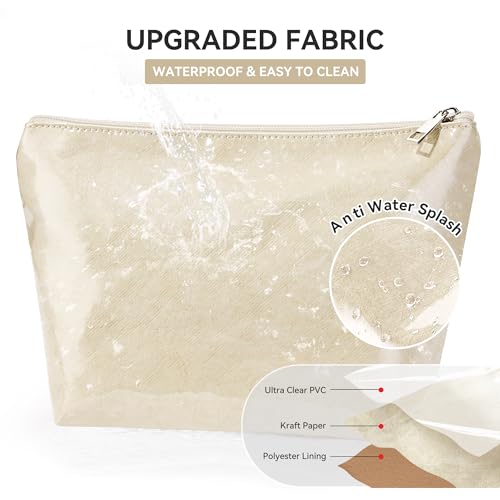 WLLWOO PVC Waterproof Makeup Bag Kraft Paper Cosmetic Bag Travel Toiletry Zipper Pouch Organizer for Women Purse - color: PVC-Off White