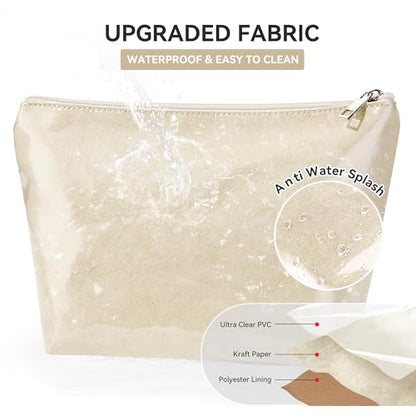 WLLWOO PVC Waterproof Makeup Bag Kraft Paper Cosmetic Bag Travel Toiletry Zipper Pouch Organizer for Women Purse - color: PVC-Off White