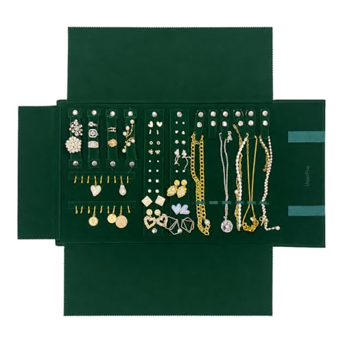 UnionPlus Velvet Travel Jewelry Case Roll Bag for Necklaces Brackets, Great Jewelry Organizer for Travel, Multi Jewelry Organizer, Blackish Green - color: Blackish Green Multi, size: Medium