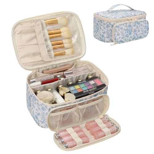 OCHEAL Makeup Bag, Multifunctional Make Up Bags Large Compact Makeup Bag Organizer Cosmetics Toiletry Brushes Storage Case for Women Girls Makeup Case with Handle Divider-Floar - color: 0020 Floral with front pocket, size: Medium
