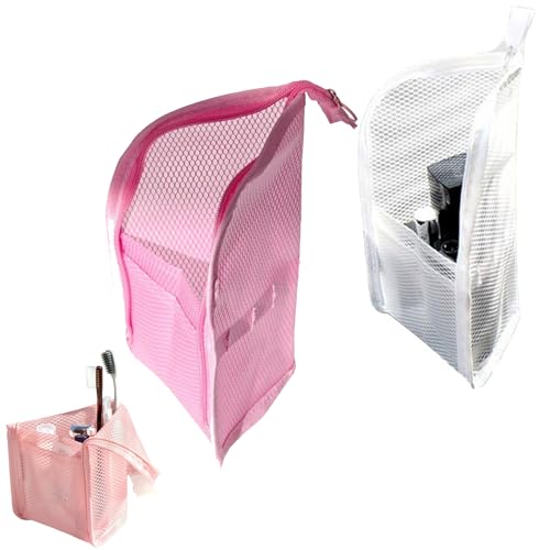2Pack Standing Toiletry Bag, 2026 New Portable Lightweight Travel Toiletry Bag, EVA Mesh Travel Toothbrush Storage Bag, Foldable Clear Hanging Small Makeup Bag Cosmetic Organiser Storage (White+Pink) - color: White+Pink