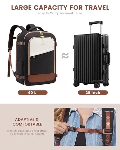 LOVEVOOK Travel Backpack for Women, 40L Carry On Backpack Flight Approved, Large Personal Item Bag Fits 17 inch Laptop, TSA Approved Luggage with 3 Packing Cubes,Waterproof Weekender Gym Daypack - color: Black-white-brown, size: 40L