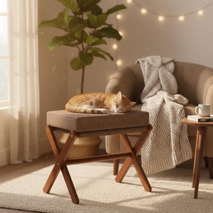 BAMBOOHOMIE Foldable Foot Stool Ottoman, Modern Foot Rest with Bamboo X Legs & Thick Foam Cushion, Folding Foot Stools Small Padded for Bedroom Living Room, Footstool for Chair Couch (Brown - Brown) - color: Brown - Brown