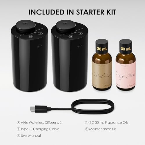Airversa Waterless Essential Oil Diffuser Starter Kit with 2 x 30mL Fragrance Oil, Battery Operated Mini Scent Air Machine Portable Diffuser for Home Car Office Room, Black AN6 2 Packs Kit - color: A1 Black&black2