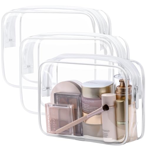 PACKISM TSA Approved Toiletry Bag - Clear Makeup Bag 3 Pack Medium, Metal Smooth Zipper Quart Size Bag for 3-1-1 Liquids, Travel Makeup Bag for Women Men, Airport Airline Compliant Bag, White - color: Active White, size: Medium Set (Standard)