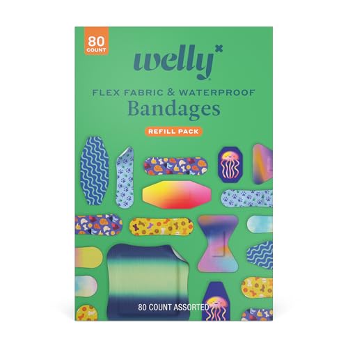 Welly Bandage Family Pack | Adhesive Flexible Fabric & Waterproof Bandages | Assorted Shapes and Patterns for Minor Cuts, Scrapes, and Wounds - 80 Count - size: 80 Count