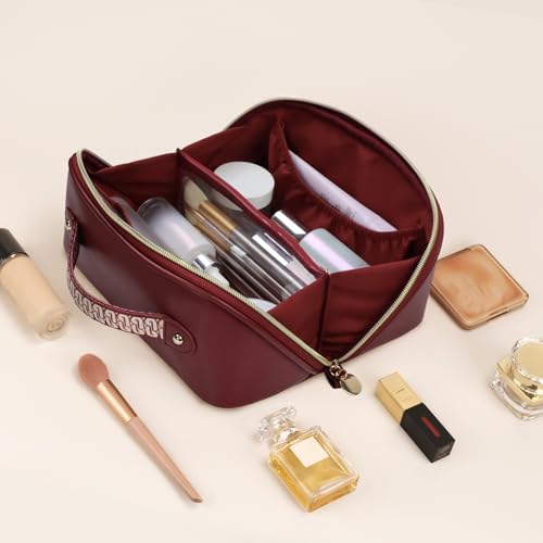 Prite Makeup Bag for Women Travel Waterproof Vegan Leather Cosmetic Bag Open Flat Toiletry Bag With Clear Divider and Handle (Dark Red, Medium) - color: Dark Red, size: Medium