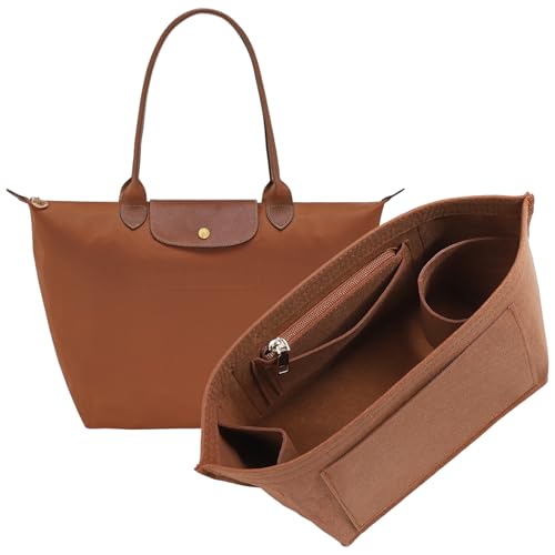 Lighweight Purse Organizer Insert for Longchamp Le Pliage M Tote Bag, Premium Felt Long Champ Medium Tote Divider with Cup Holder,Bags Storage Shaper with 8 Deepened Pockets,M/Gold-brown - color: Gold-brown, size: M Tote Bag (Long Handle)