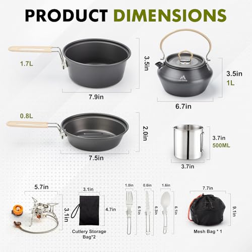 THTYBROS 17pcs Camping Cookware Kit, 0.45Gal Pot, 7inches Pan,0.30Gal Kettle Set with 2 Set Stainless Steel Cups Plates Forks Knives Spoons for Hiking - size: 15 PCS with Stove