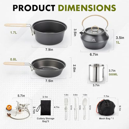 THTYBROS 17pcs Camping Cookware Kit, 0.45Gal Pot, 7inches Pan,0.30Gal Kettle Set with 2 Set Stainless Steel Cups Plates Forks Knives Spoons for Hiking - size: 15 PCS with Stove