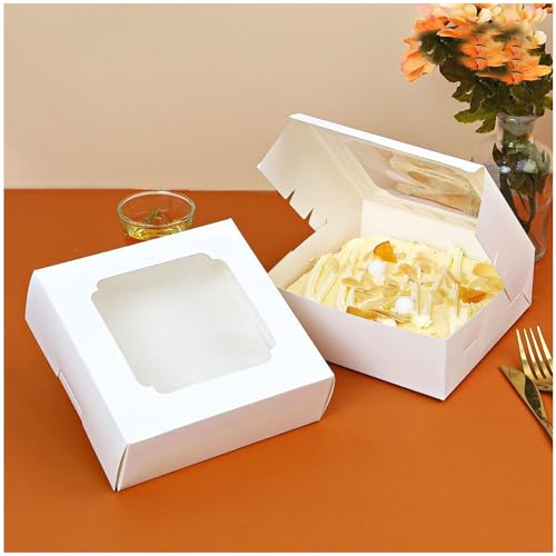 20 Pack Bakery Boxes with Window Small 6x6x2 inch for Cookie, Candy, Pastry, Brownie, Chiffon Cake, Tart, Pie, Waffle (White) - color: White