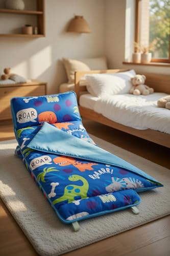 EVERYDAY KIDS Nap Mat with Removable Pillow - Roarin' Dinos - Carry Handle with Straps Closure, Rollup Design, Soft Microfiber for Preschool, Daycare, Travel Sleeping Bag - Ages 3-6 Years - color: Roarin Dinos