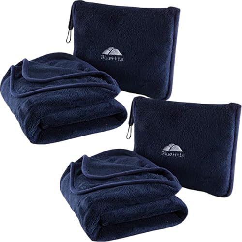 BlueHills Premium Soft 2-Pack Travel Blanket Pillows Airplane Large Plane Flight Throw Blankets for Two in Bag Compact Traveling Essentials Set Packable Warm Gifts Navy Blue T011 - color: Navy-2pk-t011