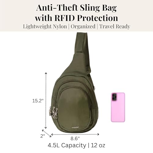 Baggallini Securtex® Anti-Theft Multi Zip Sling - Lightweight 8.6"x15.2" Travel Bag with Locking Zippers & RFID Protection - color: Thyme