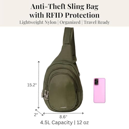 Baggallini Securtex® Anti-Theft Multi Zip Sling - Lightweight 8.6"x15.2" Travel Bag with Locking Zippers & RFID Protection - color: Thyme