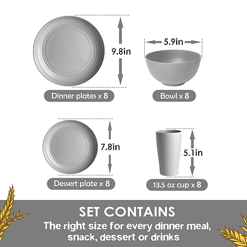 Teivio 32-Piece Kitchen Plastic Wheat Straw Dinnerware Set, Service for 8, Dinner Plates, Dessert Plate, Cereal Bowls, Cups, Unbreakable Colorful Plastic Outdoor Camping Dishes, Light Gray - color: Light Gray