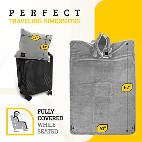 Travel Blanket Airplane Compact with Hoodie – 2in1 Airplane Travel Accessories from Plane Blanket to Travel Pillow with Luggage Strap, Soft Handle & Secure Pocket - color: Light Grey, size: 62x41''