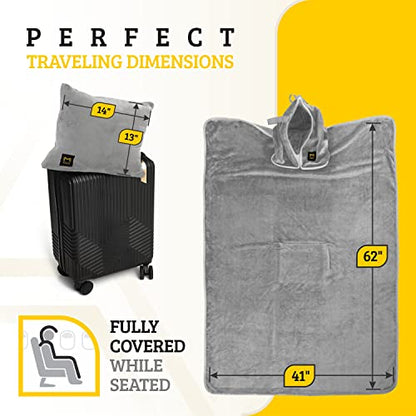 Travel Blanket Airplane Compact with Hoodie – 2in1 Airplane Travel Accessories from Plane Blanket to Travel Pillow with Luggage Strap, Soft Handle & Secure Pocket - color: Light Grey, size: 62x41''