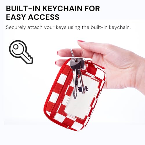 YDF Keychain Wallet for Women Mini Zip Card Holder with ID Window, Coin Purse, Detachable Wristlet, Small Organizer Wallet,red checkered - color: Red Checkerboard