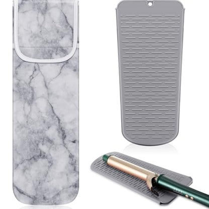 Shappy 2 Pcs Heat Resistant Hair Tools Bag Curling Iron Travel Case Cover Neoprene Flat Iron Holder Travel Case and Silicone Mat Pouch for Hot Hair Tools Storage Organizer(Marble Style) - style: Marble Style