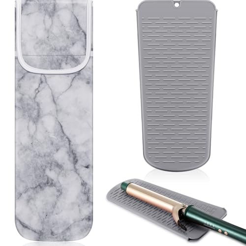 Shappy 2 Pcs Heat Resistant Hair Tools Bag Curling Iron Travel Case Cover Neoprene Flat Iron Holder Travel Case and Silicone Mat Pouch for Hot Hair Tools Storage Organizer(Marble Style) - style: Marble Style
