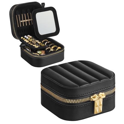 SONGMICS HOME Travel Jewelry Case, Small Jewelry Box Organizer with Mirror, 4.1 x 4.1 x 2.4 Inches, Stitching, Portable, Gift Idea, Ink Black UJBC179B01 - color: Ink Black, size: 4.1"W