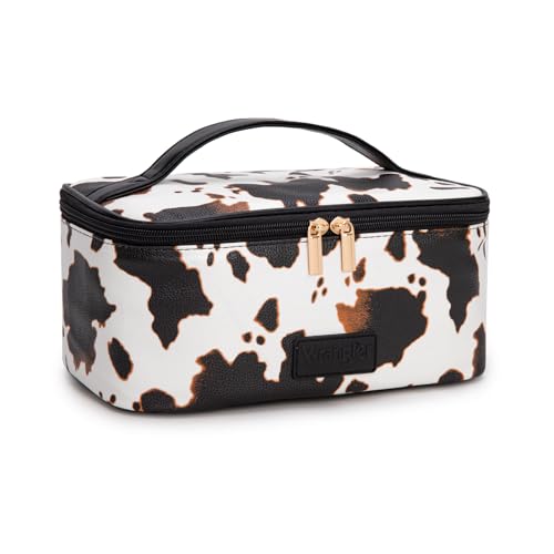 Montana West X Wrangler Travel Makeup Bag 2pcs Set Large Cosmetic Bag with Makeup Brush Holder Portable Make Up Organizer Cute Toiletry Bag with Divider and Handle for Women - color: Cow-Brown