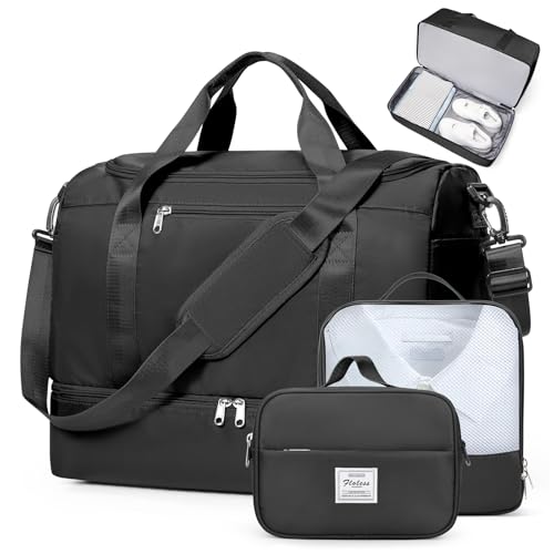 Travel Duffel Bag, Carry-on Overnight Weekender Bags with Shoes Compartment | For Spirit Airlines 18x14x8 Personal Item Bag,Wet Pocket,3 Pcs Set,Small - color: Black 3Pcs Set, size: Small