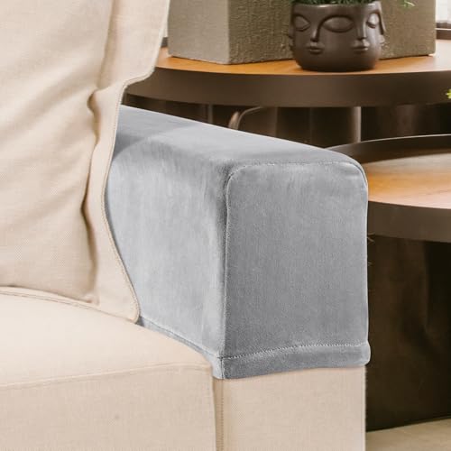 Ciieeo 2-Pack Universal Grey Velvet Sofa Armrest Covers Stretchy Armrest Protectors for Couch Furniture Machine Washable Slipcovers for Living Room and Office