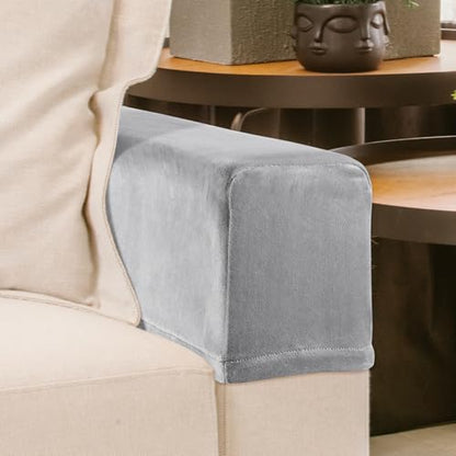 Ciieeo 2-Pack Universal Grey Velvet Sofa Armrest Covers Stretchy Armrest Protectors for Couch Furniture Machine Washable Slipcovers for Living Room and Office