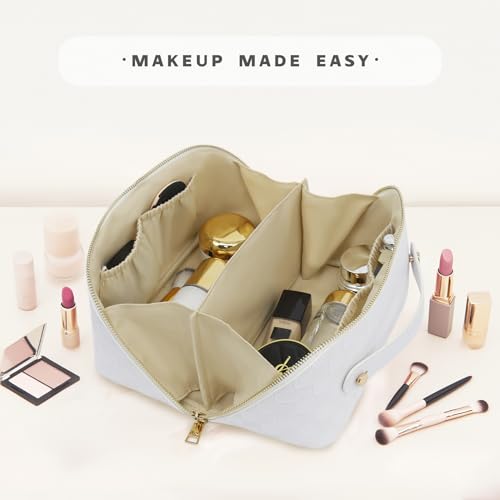 Travel Makeup Bag – Large Cosmetic Organizer with Waterproof PU Leather, Smooth Double Zipper & Tear-Resistant Lining, Toiletry Pouch for Women (White) - color: 02-White