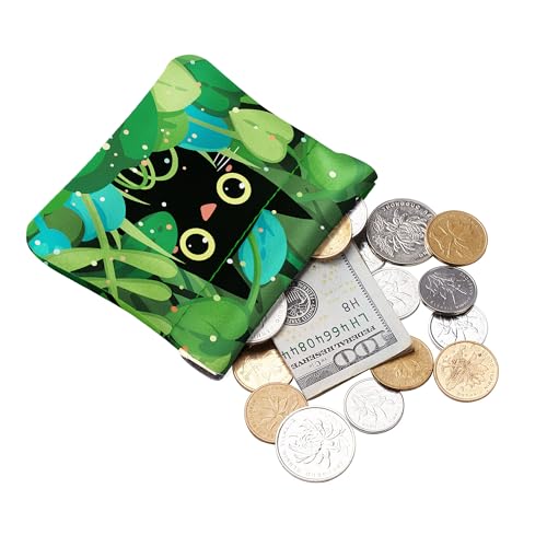 Travelambo Leather Squeeze Coin Purse Pouch Change Holder For Men & Women - color: Green Cat