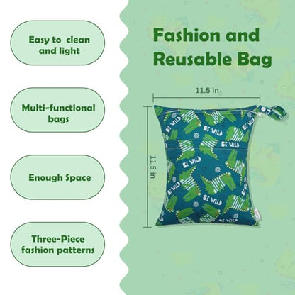 ALVA ALVABABY 3pcs Cloth Diaper Wet Dry Bags Waterproof Reusable with Two Zippered Pockets Travel Beach Pool Daycare Soiled Baby Items Yoga Gym Bag for Swimsuits or Wet Clothes 3L-ZM16A - color: Engineering truck Lion crocodile