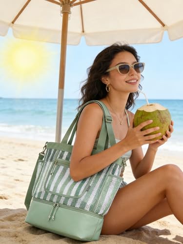 BAGSMART Beach Bag for Women, Mesh Tote Bags with Zipper, Sandproof Vacation Essentials with Cooler for Swim Cruise Pool - color: Green