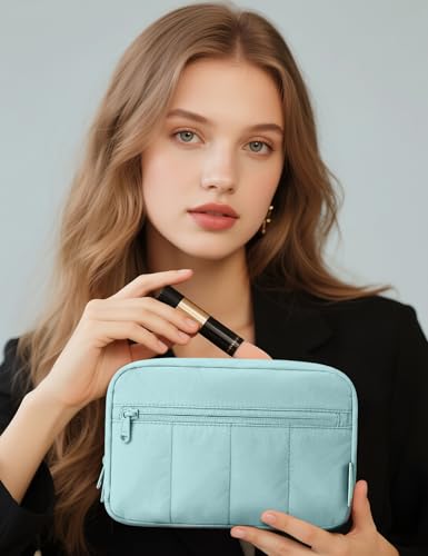 Noozion Makeup Bag Travel Toiletry Bag, Puffy Padded Cosmetic Bag for Women, Makeup Organizer Case, Wide-open Pouch Purse, Travel Essentials - color: Dusty Blue-Green