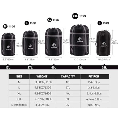 REDCAMP Sleeping Bag Stuff Sack, Black M, L, XL and XXL Compression Sack, Great for Backpacking and Camping - style: Black/L 27l