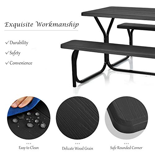 Giantex Picnic Bench Set Outdoor Camping All Weather Metal Base Wood-Like Texture Backyard Poolside Dining Party Garden Lawn Deck Large Picnic Tables for Adult (Black) - color: Black