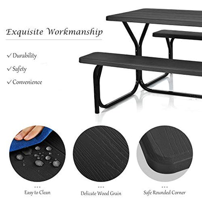 Giantex Picnic Bench Set Outdoor Camping All Weather Metal Base Wood-Like Texture Backyard Poolside Dining Party Garden Lawn Deck Large Picnic Tables for Adult (Black) - color: Black